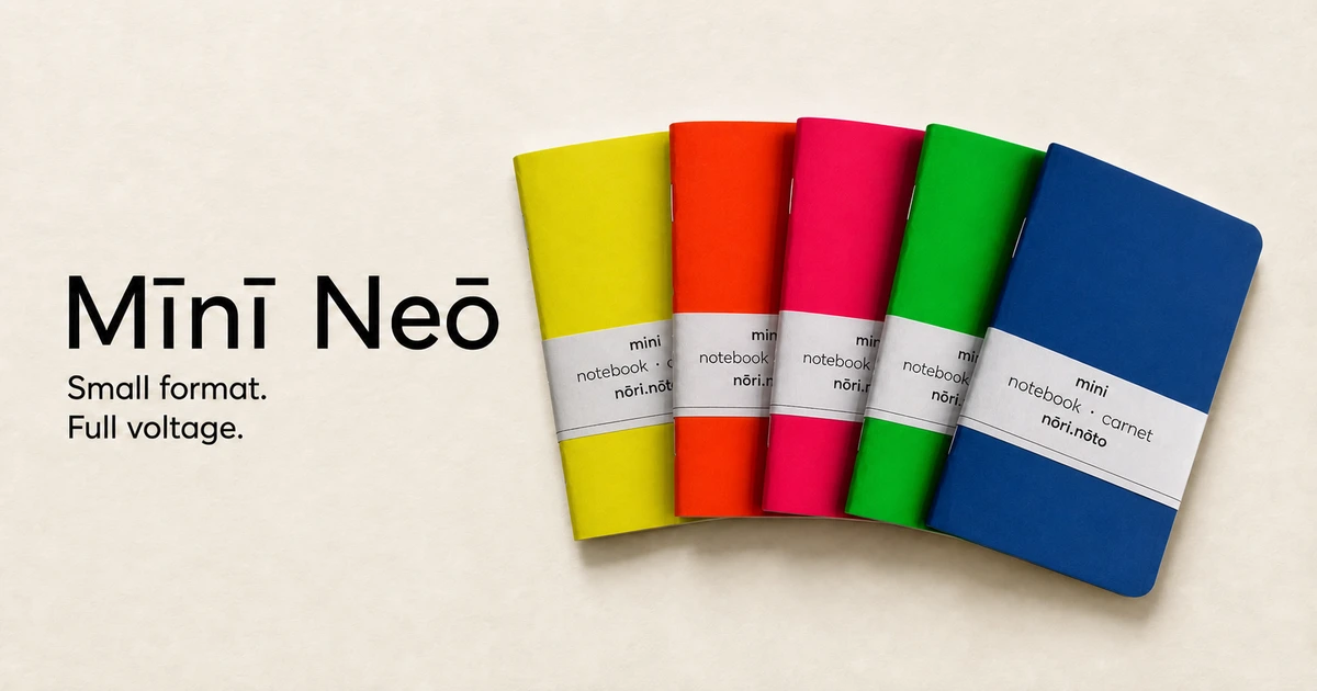 Five fluorescent Mīnī Neō notebooks with their nōri nōto paper labels