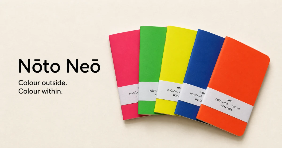 Five fluorescent Nōto Neō notebooks